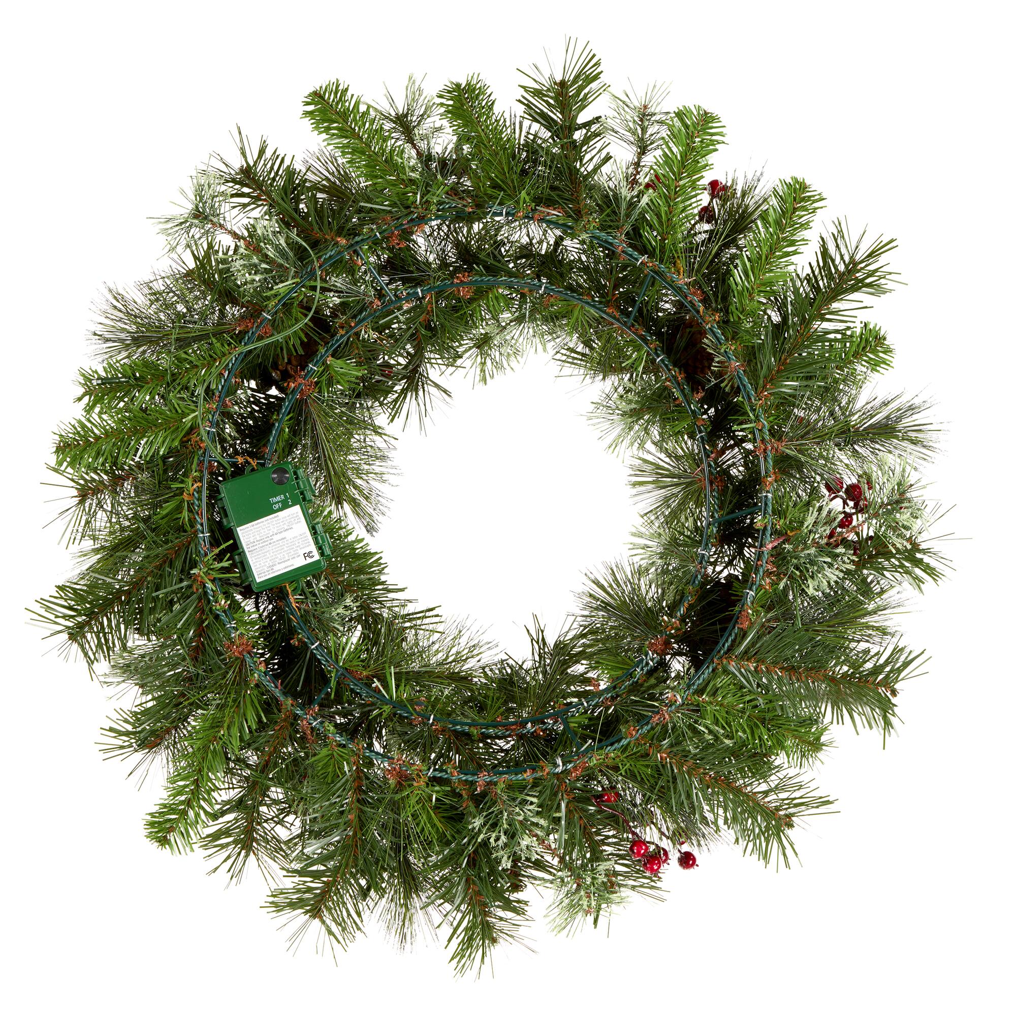 24" Iced Berry Warm White LED Pre-Lit Pine Wreath